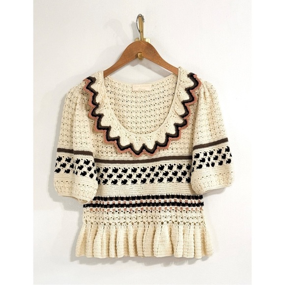 NWOT Ulla Johnson Cream Cotton Short-Sleeve Flor Pullover Sweater Top - Picture 2 of 7